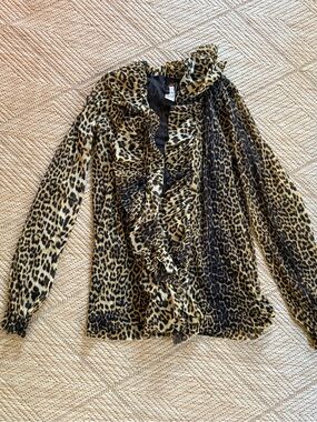 Jean Paul Gaultier Soleil Leopard-Print Mesh Ruffle Shirt Coverup Size M